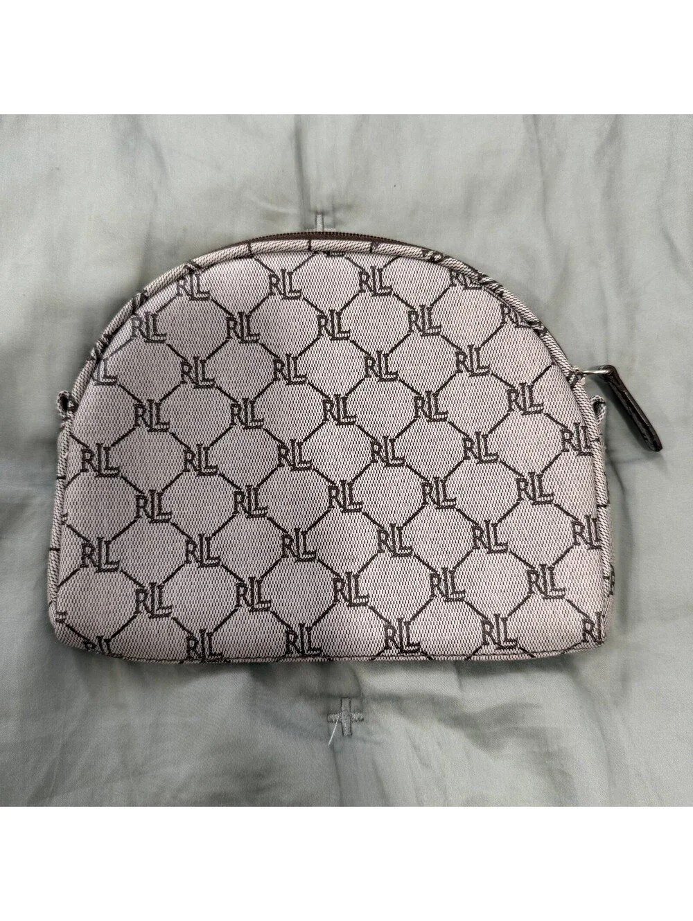 Lauren Ralph Lauren RL Monogram Cosmetic Bag Makeup Pouch Beige Brown Zip